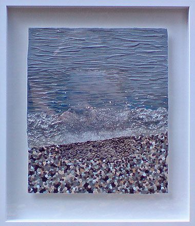 Painting in three lines - 2011<br /><br /><h6>Chesil beach</h6>  Artistâ€™s photographic print and acrylic paint <br /> 650mm x 560mm <br /><br /><br /><br />Shingle sibilance<br/>out-shouts the trafficâ€™s roar on<br/>
Marylebone Road
<br /><br /><br /><h7>Sold</h7>