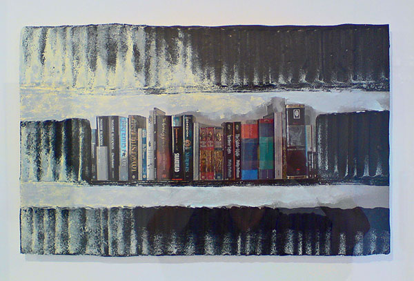 Painting in three lines - 2011<br /><br /><h6>Childhood stories</h6>  Artistâ€™s photographic print and acrylic paint <br /> 465mm x 650mm  <br /><br /><br /><br />Books standing sentry<br/>
Pages flick, each whispering<br/>
imagination
<br /><br /><br /><h7>Sold</h7>