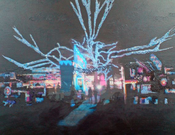 Extemporanea - 2009<br /><br /><h6>Funfair at night</h6>  Artistâ€™s photographic print and acrylic paint <br /> 460mm x 460mm <br /><br /><br /><br /><br /><br /><br /><h7>Sold</h7>