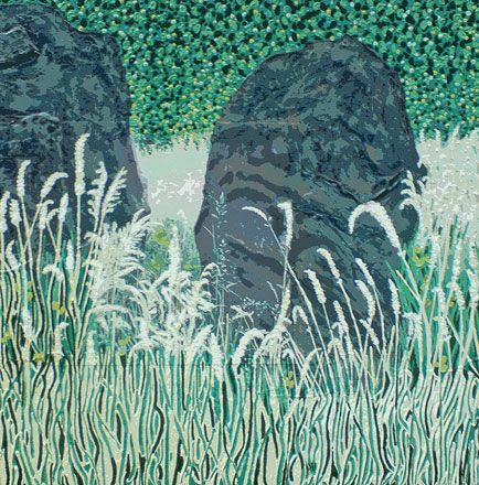 Painting in three lines - 2011<br /><br /><h6>Standing stones</h6>  Artistâ€™s photographic print and acrylic paint <br /> 600mm x 600mm <br /><br /><br /><br />Ancient standing stones<br/>
drowning in waves of lush grass<br/>
Sounds like the seashore
<br /><br /><br /><h7>For sale</h7>