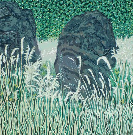 Painting in three lines - 2011<br /><br /><h6>Standing stones</h6>  Artistâ€™s photographic print and acrylic paint <br /> 600mm x 600mm <br /><br /><br /><br />Ancient standing stones<br/>
drowning in waves of lush grass<br/>
Sounds like the seashore
<br /><br /><br /><h7>For sale</h7>