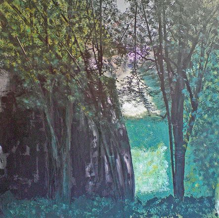 Painting in three lines - 2011<br /><br /><h6>Castle moat</h6>  Artistâ€™s photographic print and acrylic paint <br /> 600mm x 600mm <br /><br /><br /><br />Japanese castle<br/>
Perfect. Odd that the moat is<br/>
wild and overgrown?
<br /><br /><br /><h7>Sold</h7>