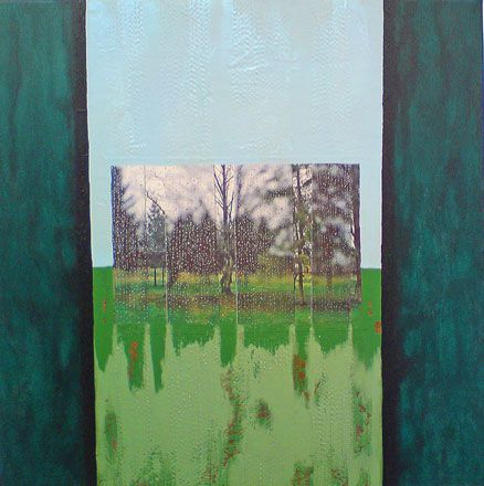 Painting in three lines - 2011<br /><br /><h6>Rain 2</h6>  Artistâ€™s photographic print and acrylic paint <br /> 600mm x 600mm <br /><br /><br /><br />A smile on my face<br/>
The white noise of heavy rain<br/>
washes my vision
<br /><br /><br /><h7>Sold</h7>