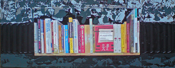 Painting in three lines - 2011<br /><br /><h6>Bookshelf 2</h6>  Artistâ€™s photographic print and acrylic paint <br /> 500mm x 200mm <br /><br /><br /><br />Pages that murmur<br/>
suggest or shout in your mind<br/>
Winterâ€™s chill is gone.
<br /><br /><br /><h7>Sold</h7>