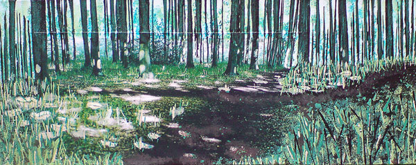 Painting in three lines - 2011<br /><br /><h6>Beechwood section</h6>  Artistâ€™s photographic print and acrylic paint <br /> 200mm x 500mm <br /><br /><br /><br />Slender stripes skyward<br/>
like piano keys playing<br/>
the music of light
<br /><br /><br /><h7>Sold</h7>