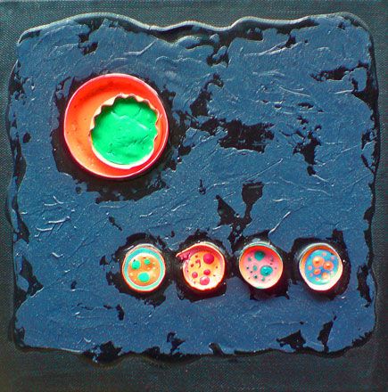 Painting in three lines - 2011<br /><br /><h6>5 Circles</h6>  Artistâ€™s photographic print and acrylic paint <br /> 250mm x 250mm <br /><br /><br /><br />As lava cools<br/>
out of the dark hot spots pop<br/>
Technicolour art
<br /><br /><br /><h7>Sold</h7>