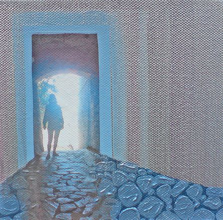 Painting in three lines - 2011<br /><br /><h6>Jaime</h6>  Artistâ€™s photographic print and acrylic paint <br /> 150mm x 150mm <br /><br /><br /><br />Summer blaze of heat<br/>
Cool cobblestones, slightly damp<br/>
echo as I walk
<br /><br /><br /><h7>Sold</h7>