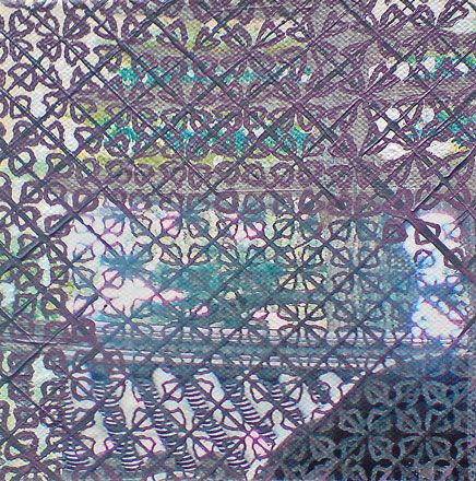 Painting in three lines - 2011<br /><br /><h6>Japanese screen</h6>  Artistâ€™s photographic print and acrylic paint <br /> 150mm x 150mm <br /><br /><br /><br />Through the courtyard screen<br/>
small sounds of serenity<br/>
Kyoto summer
<br /><br /><br /><h7>Sold</h7>