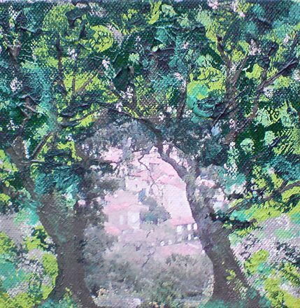 Painting in three lines - 2011<br /><br /><h6>Hill village</h6>  Artistâ€™s photographic print and acrylic paint <br /> 150mm x 150mm <br /><br /><br /><br />Summer sun-bleached rooves<br/>
glimpsed thru shady hillside trees<br/>
Distant market buzz.
<br /><br /><br /><h7>Sold</h7>