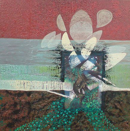 Painting in three lines - 2011<br /><br /><h6>Yew tree</h6>  Artistâ€™s photographic print and acrylic paint <br /> 1000mm x 1000mm <br /><br /><br /><br />Murmuring yew tree<br/>
tales told among tangled roots<br/>
Bright windows of light
<br /><br /><br /><h7>Sold</h7>
